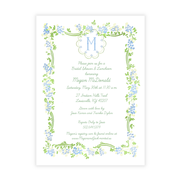 Blue and Green Floral Frame + Monogram Invitations