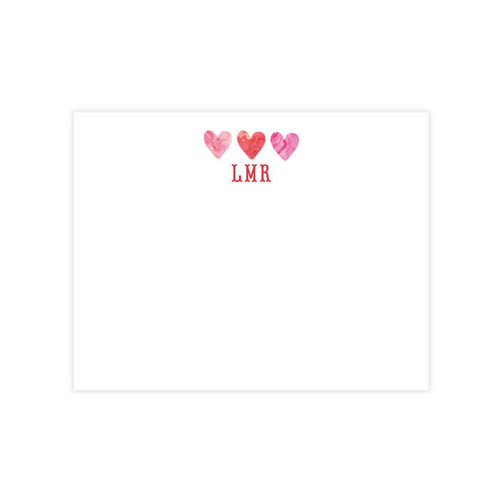 Red + Pink Hearts Monogrammed Flat Note Cards