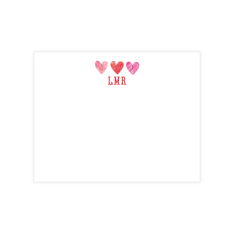 Red + Pink Hearts Monogrammed Flat Note Cards