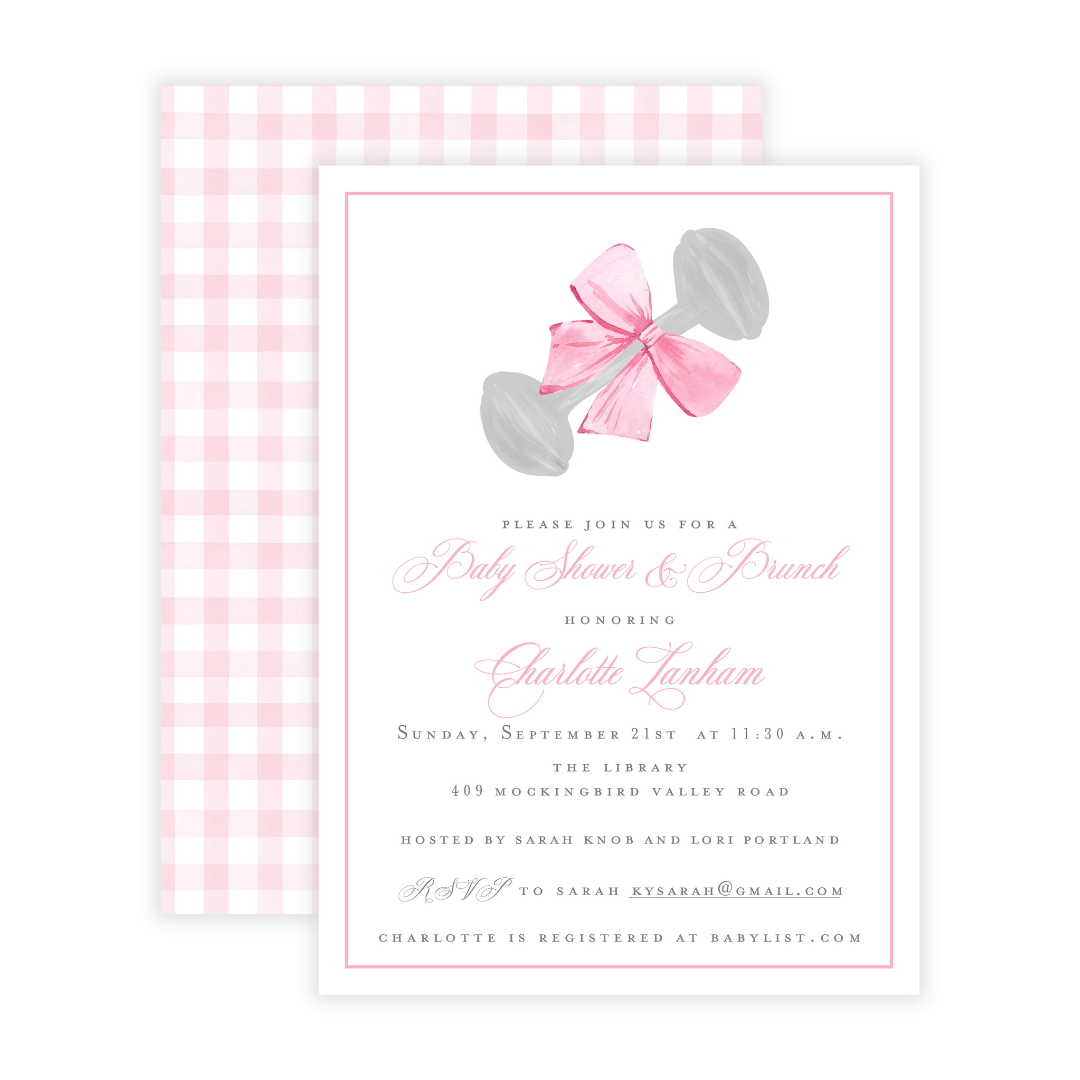 Silver Rattle Invitation Heirloom Rattle Baby Girl Shower Invitations – Lulu Papers