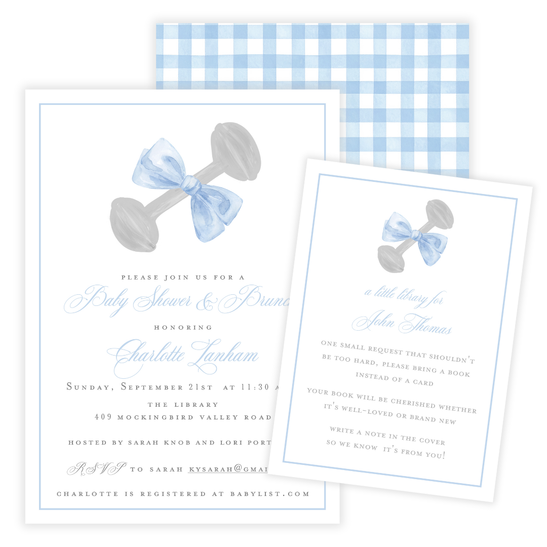Heirloom Rattle Baby Boy Shower Invitations – Lulu Papers