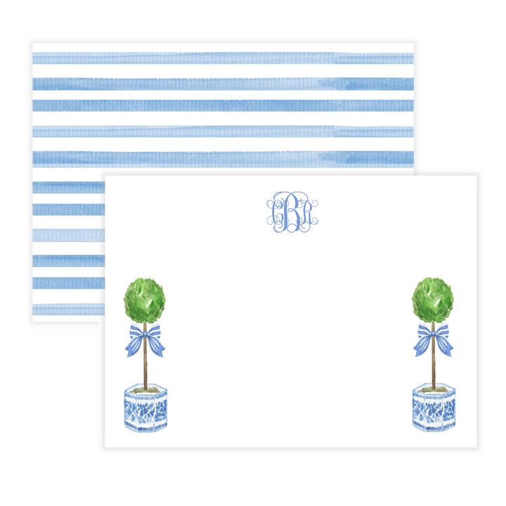 Stripe Bow Chinoiserie Topiaries + Monogram Large Flat Note Cards