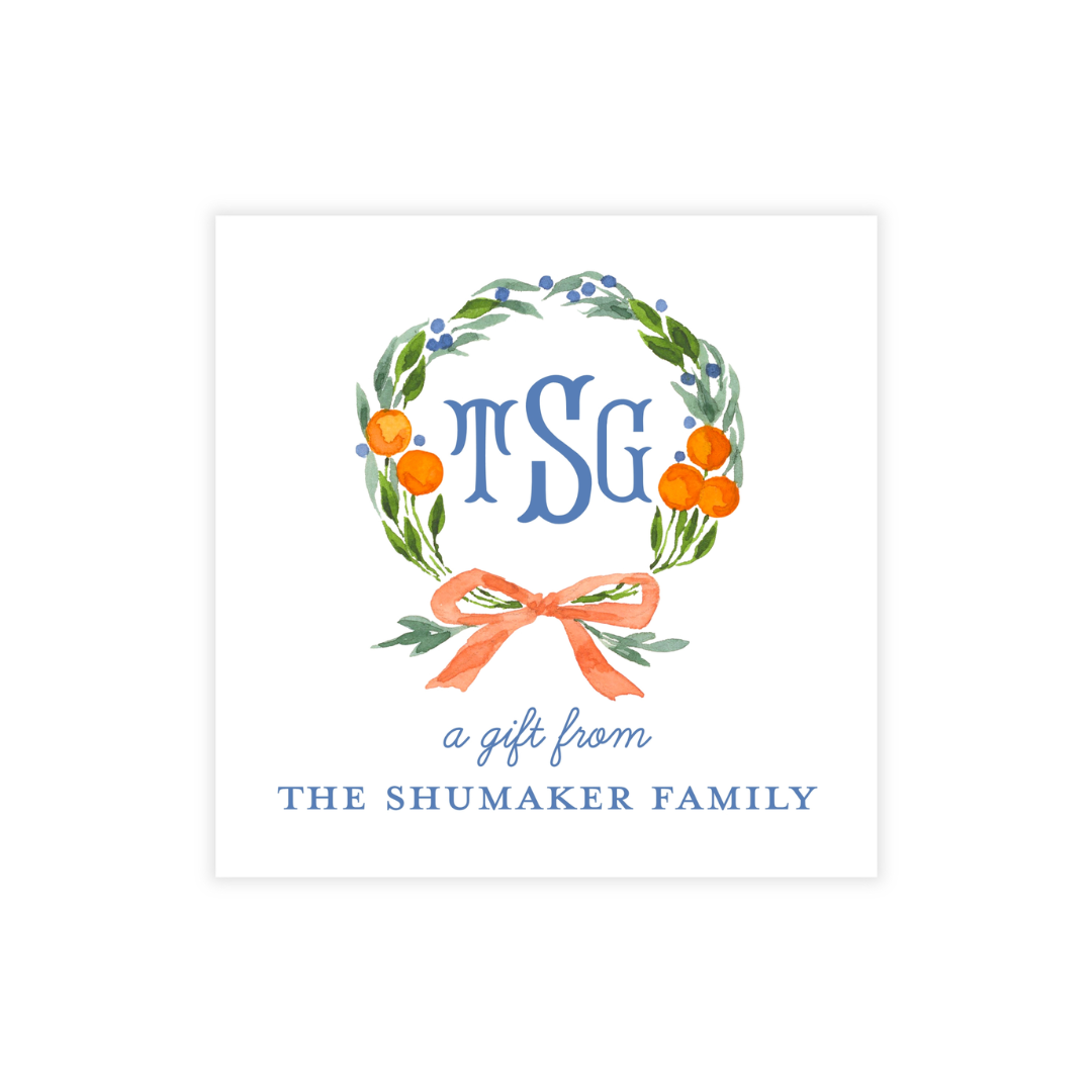 Monogrammed Wreath + Bow Stickers or Cards