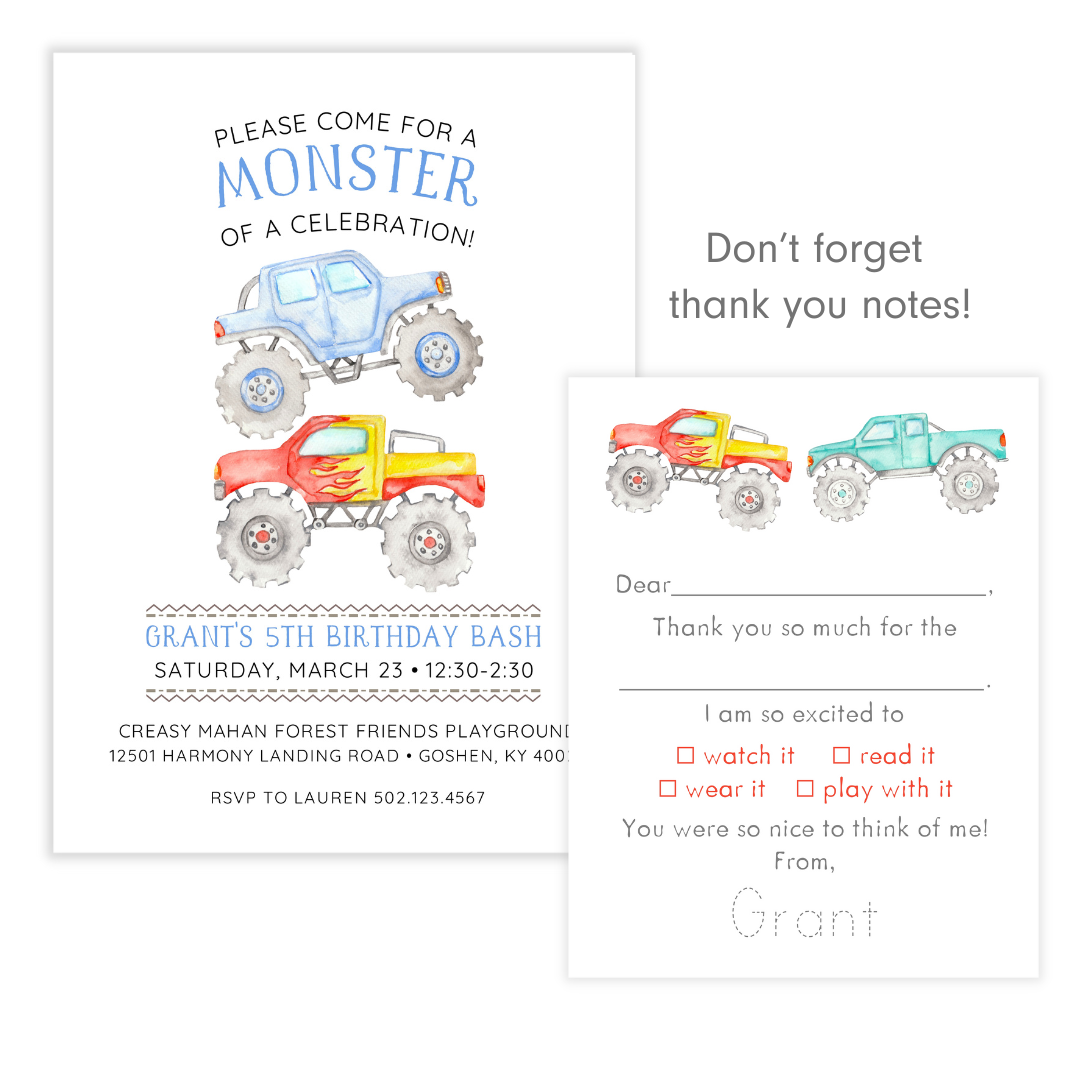 Monster Truck Fill-in Thank You Notes