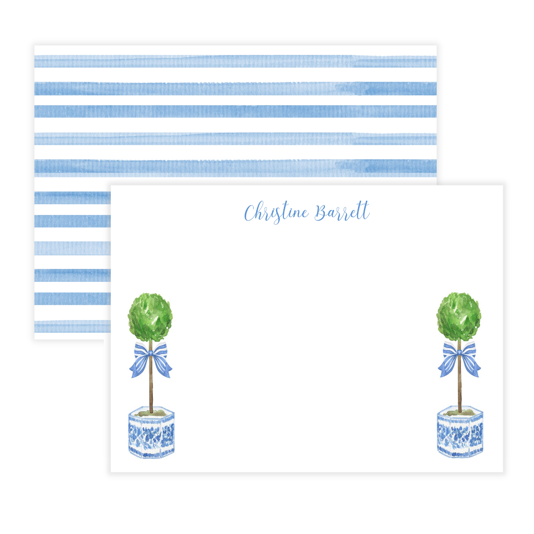 Stripe Bow Chinoiserie Topiaries + Personalized Large Flat Note Cards