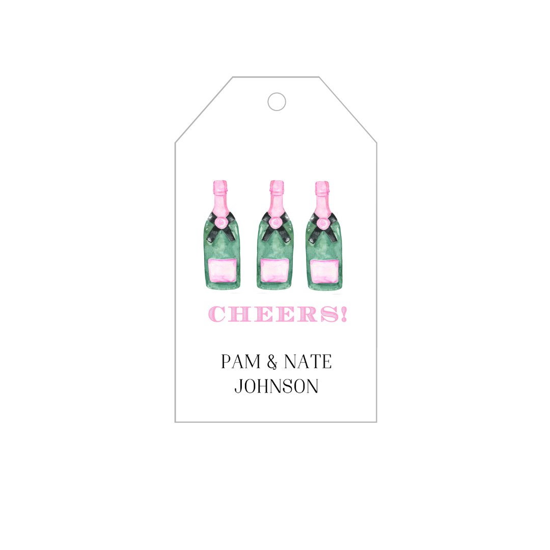 Champagne Bottles + Pink Stripes Personalized Gift Tags