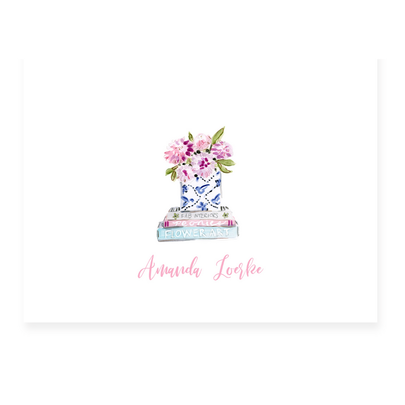 Personalized Pink Peony + Books Note Cards