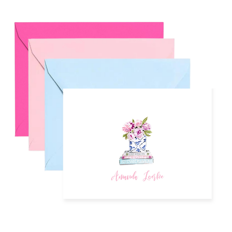 Personalized Pink Peony + Books Note Cards