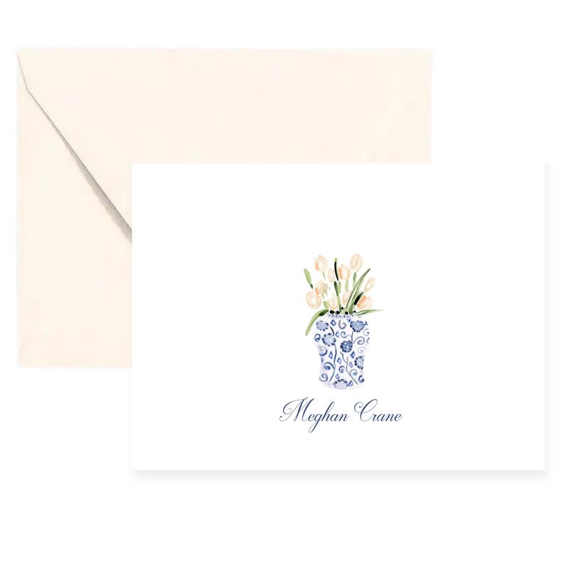 Personalized Blush Tulips + Chinoiserie Vase Note Cards