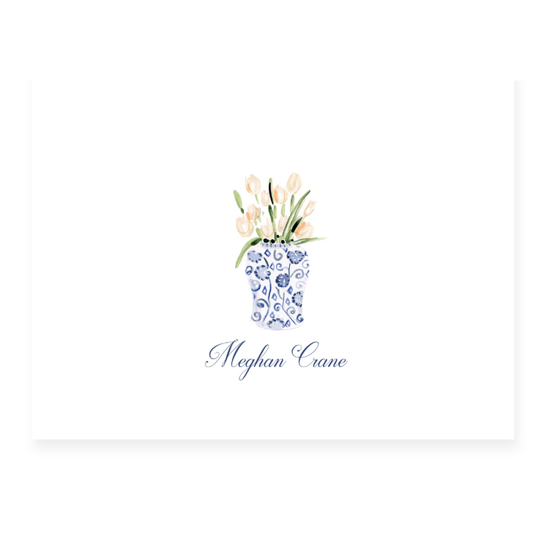 Personalized Blush Tulips + Chinoiserie Vase Note Cards