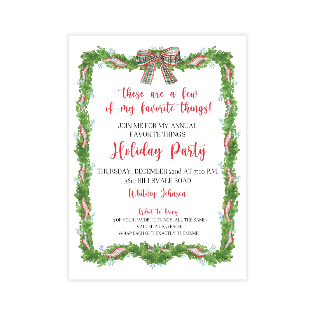 Plaid Bow + Greenery Border Party Invitation