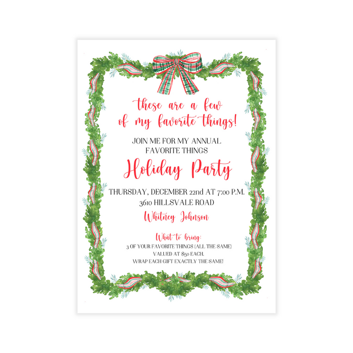 Plaid Bow + Greenery Border Party Invitation