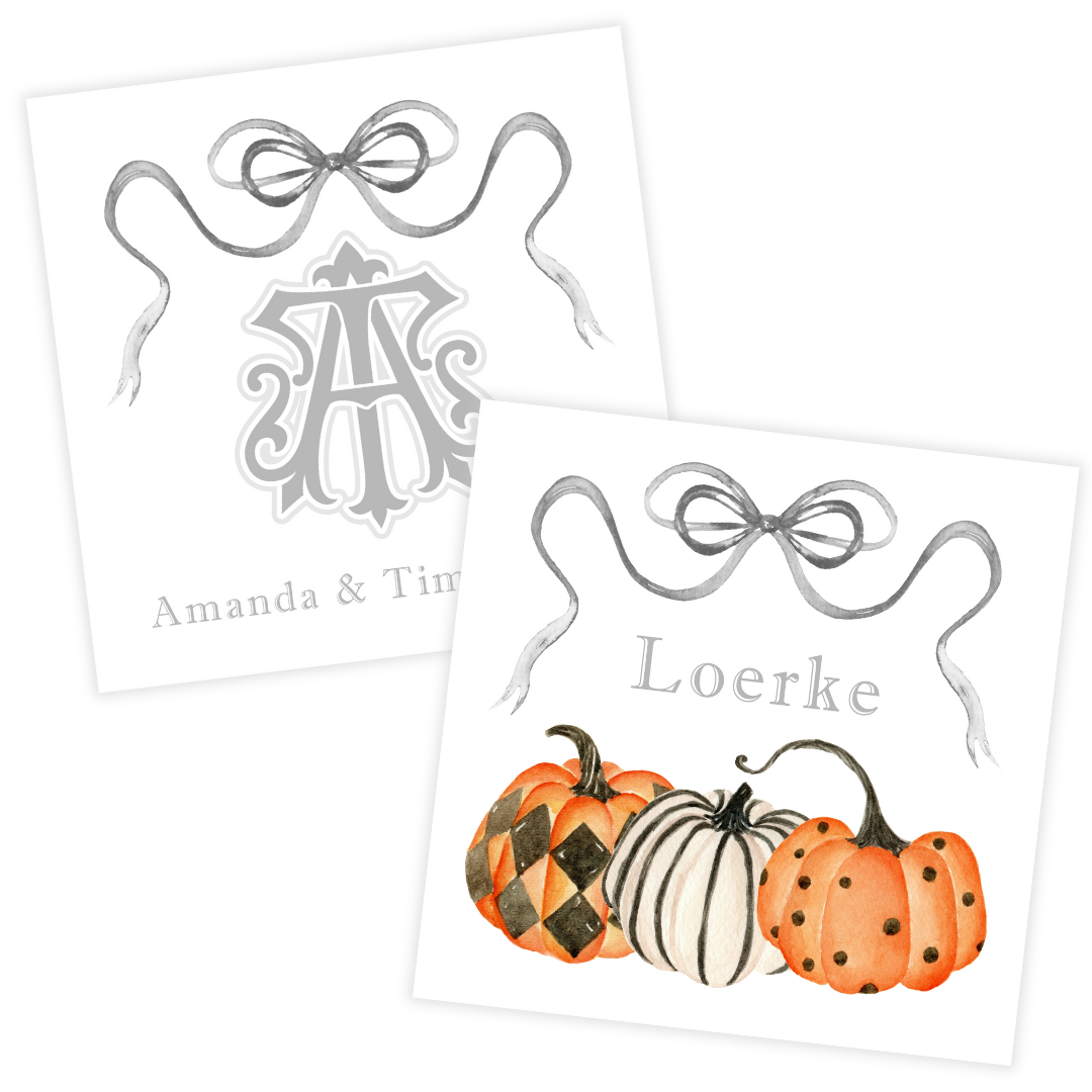Festive Pumpkins, Bow + Monogram Coasters- Reversible!