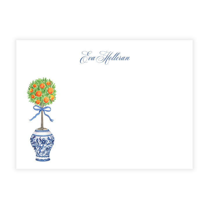 Citrus Topiary Bow + Chinoiserie Pot Personalized Flat Note Cards
