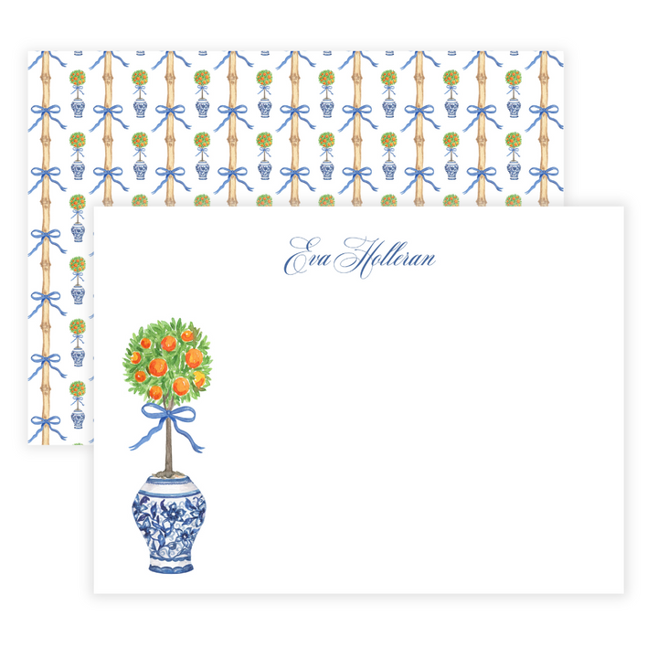 Citrus Topiary Bow + Chinoiserie Pot Personalized Flat Note Cards
