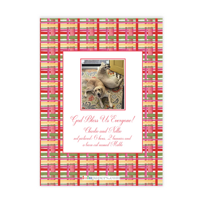 Red + Pink Plaid + Garland Holiday Photo Card