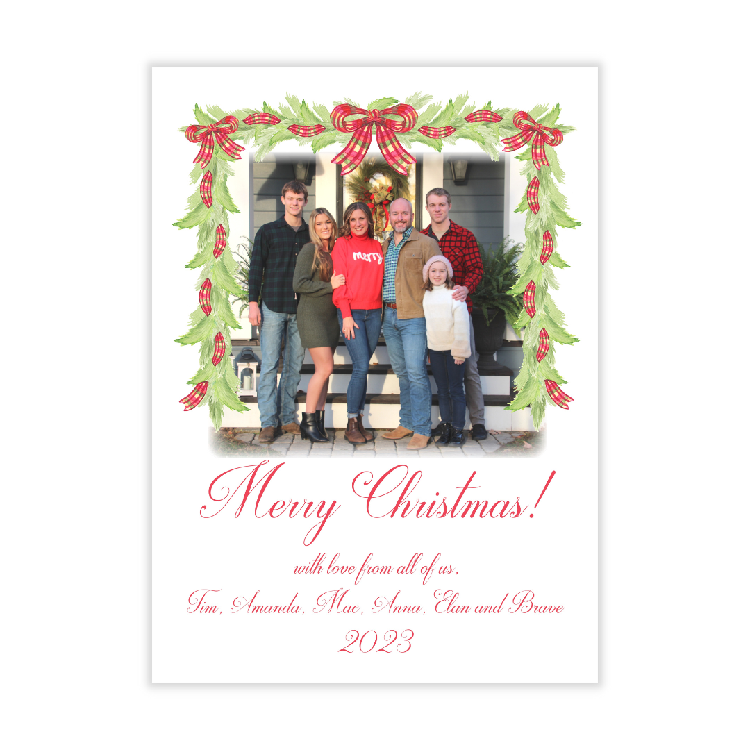 Red + Pink Plaid + Garland Holiday Photo Card