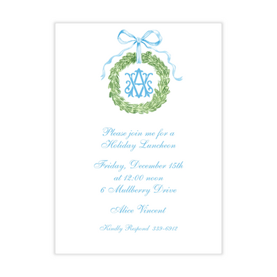 Monogrammed Elegant Wreath + Blue Ribbon Holiday Party Invitation