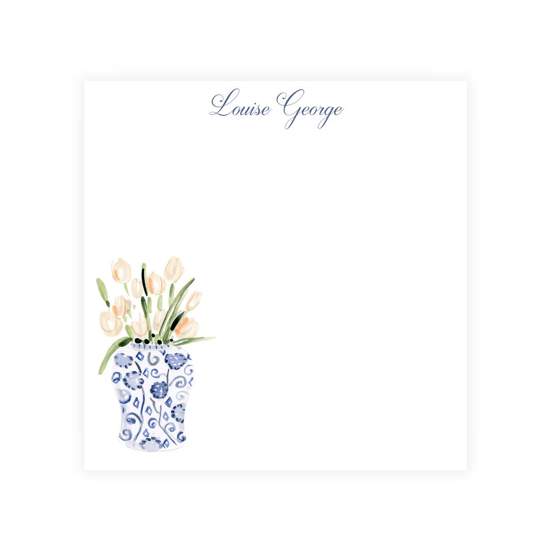 Blush Tulips + Chinoiserie Personalized Square Note Pad