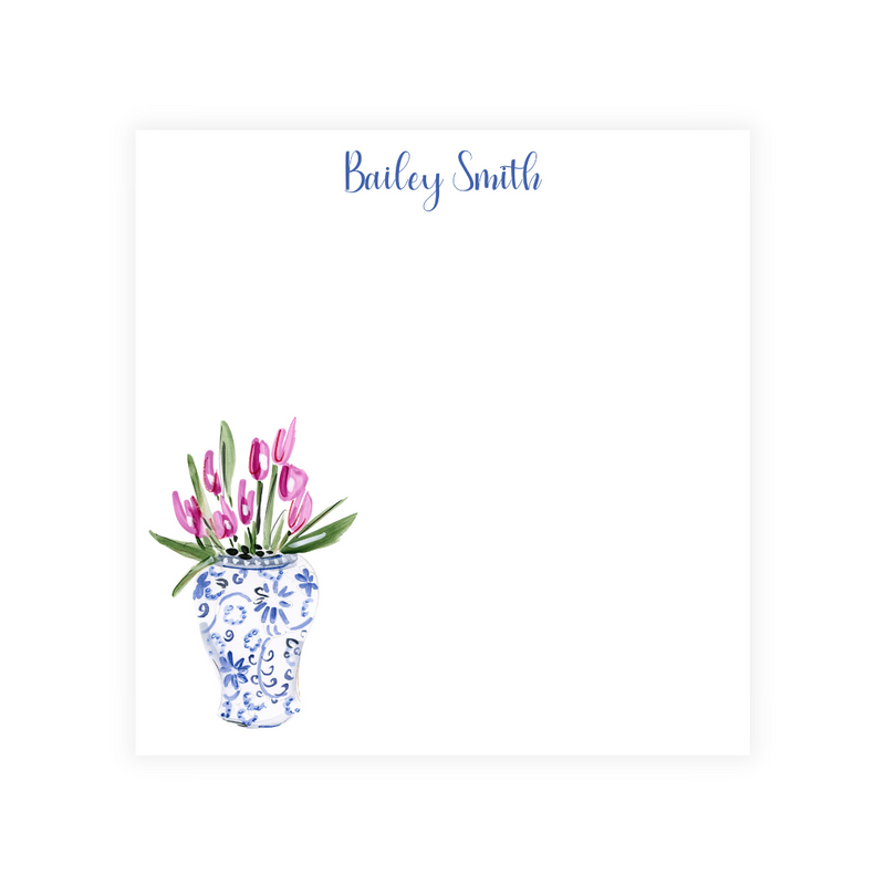 Pink Tulips + Chinoiserie Personalized Square Note Pad