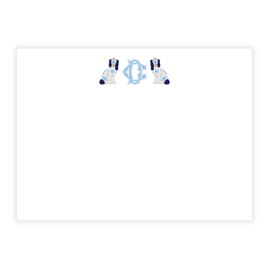 Light Blue Staffordshire Dogs + Monogram Large Flat Note Cards