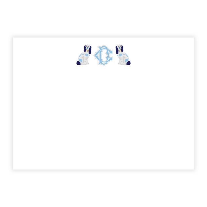 Light Blue Staffordshire Dogs + Monogram Large Flat Note Cards