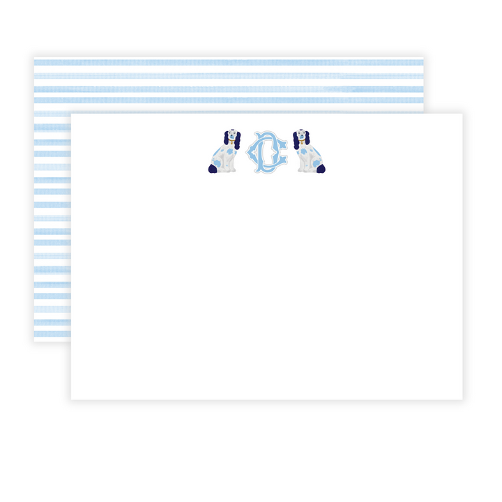 Light Blue Staffordshire Dogs + Monogram Large Flat Note Cards