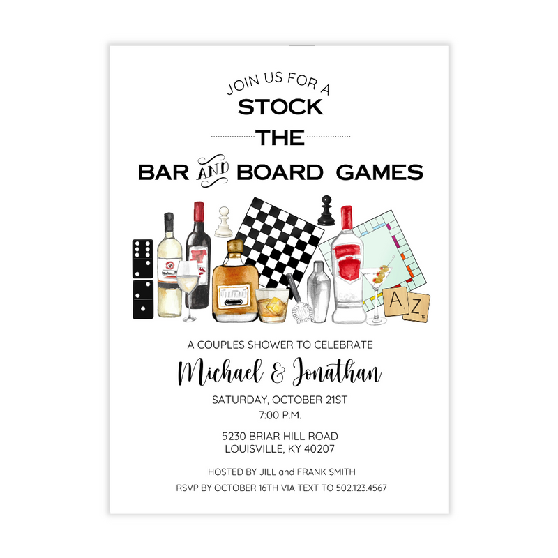 Stock the Bar + Board Games Wedding Shower Invitation
