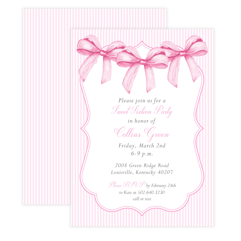 Sweet 16 Pink Bows + Stripes Party Invitation