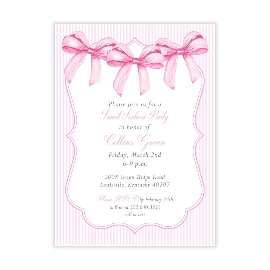 Sweet 16 Pink Bows + Stripes Party Invitation