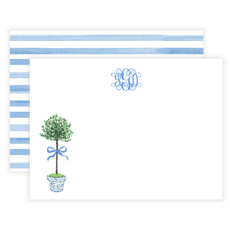 Topiary + Blue Bow Monogrammed Flat Note Cards