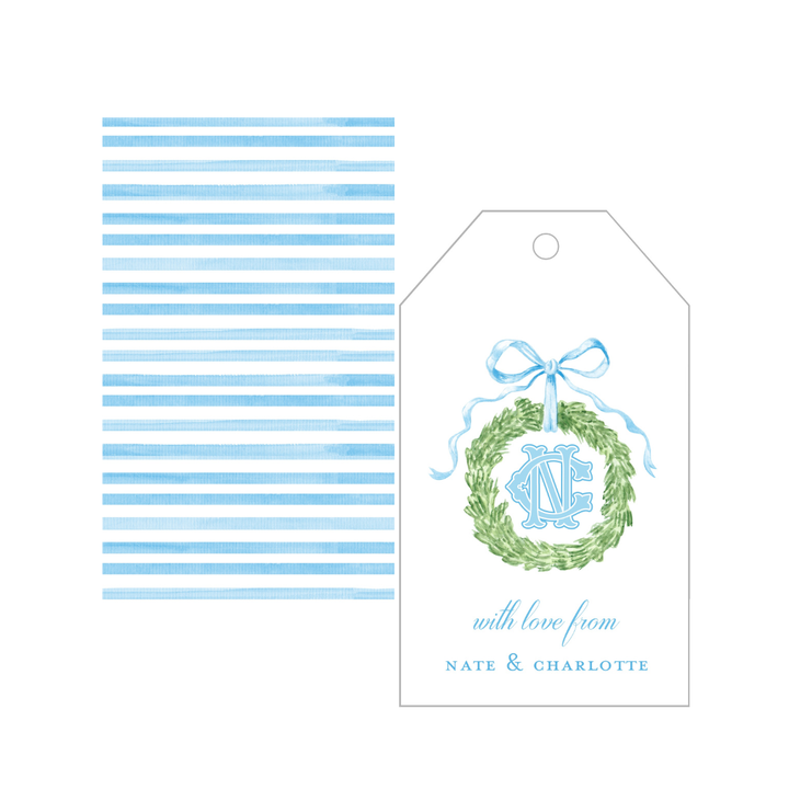 Blue Bow Wreath + Monogram Gift Tags