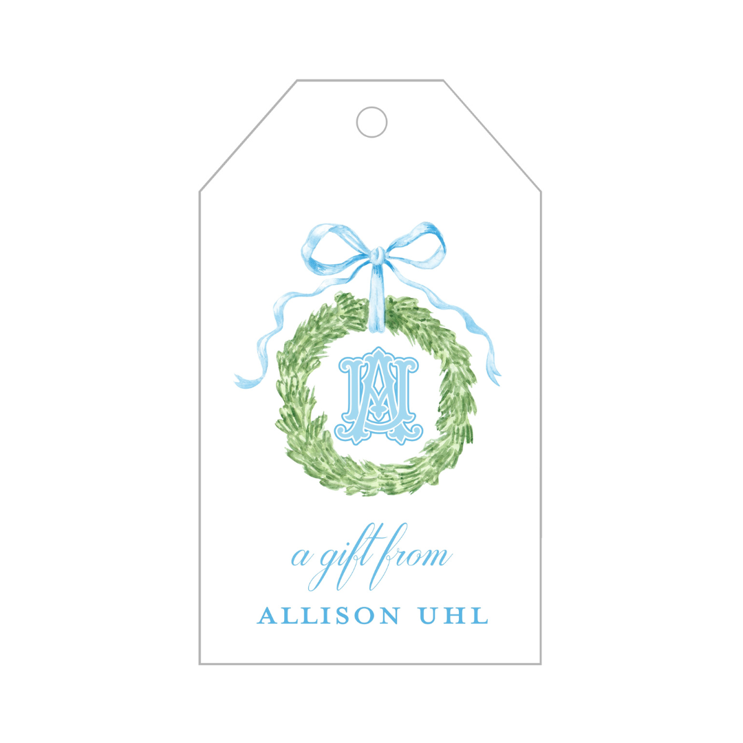 Blue Bow Wreath + Monogram Gift Tags