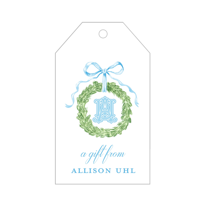 Blue Bow Wreath + Monogram Gift Tags