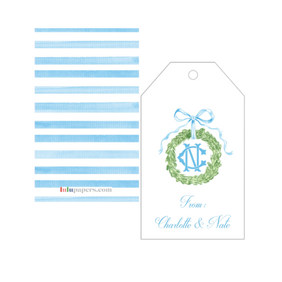 Blue Bow Wreath + Monogram Gift Tags