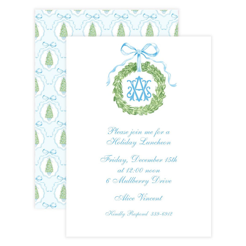 Monogrammed Elegant Wreath + Blue Ribbon Holiday Party Invitation