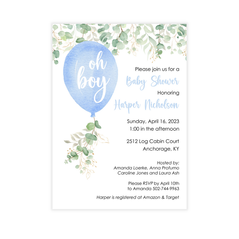 Blue Balloon + Greenery Baby Shower Invitation