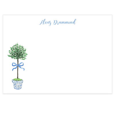 Topiary + Blue Bow Personalized Flat Note Cards