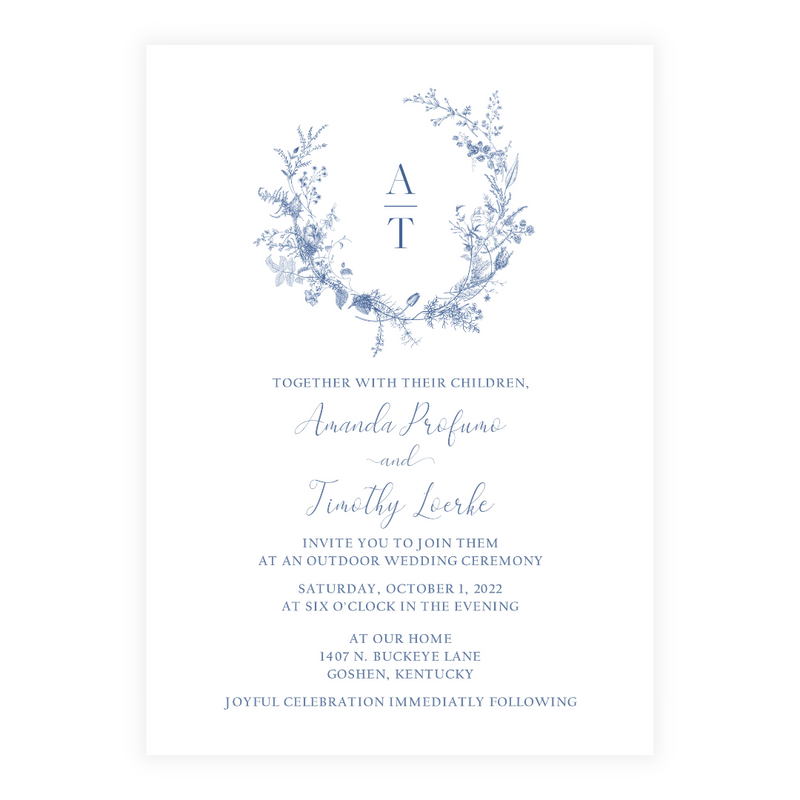Simple Blue Wreath + Monogram Invitation