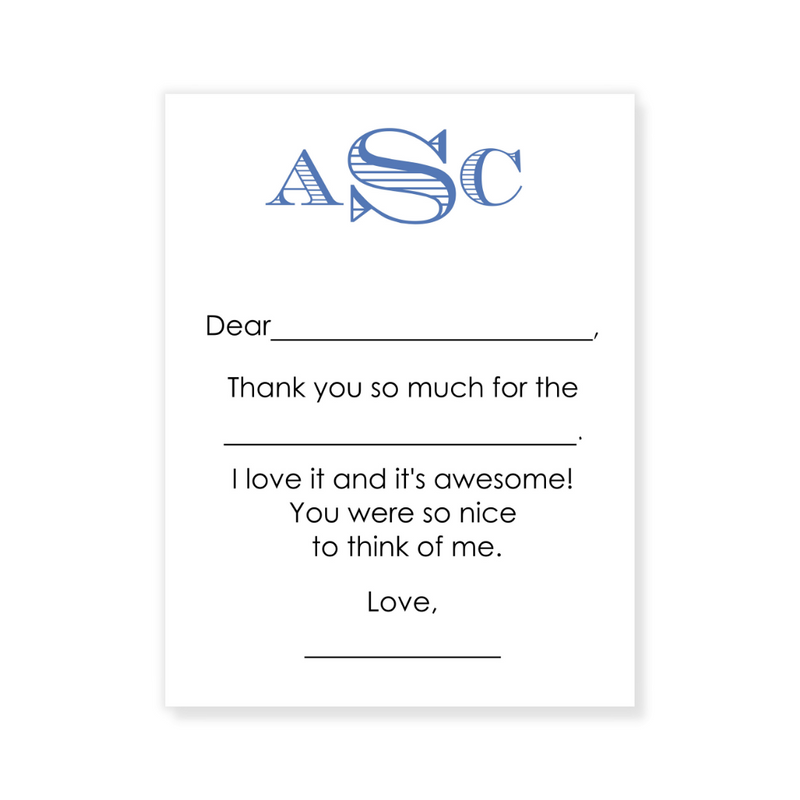 Boy Monogram Fill-in Thank You Flat Note Cards
