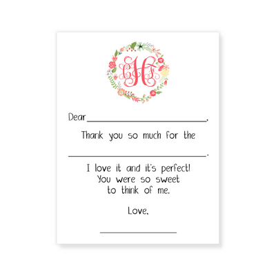 Pink Wreath + Monogram Fill-in Thank You Flat Note Cards