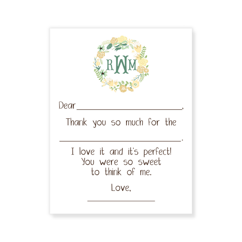 Yellow Wreath + Monogram Fill-in Thank You Flat Note Cards