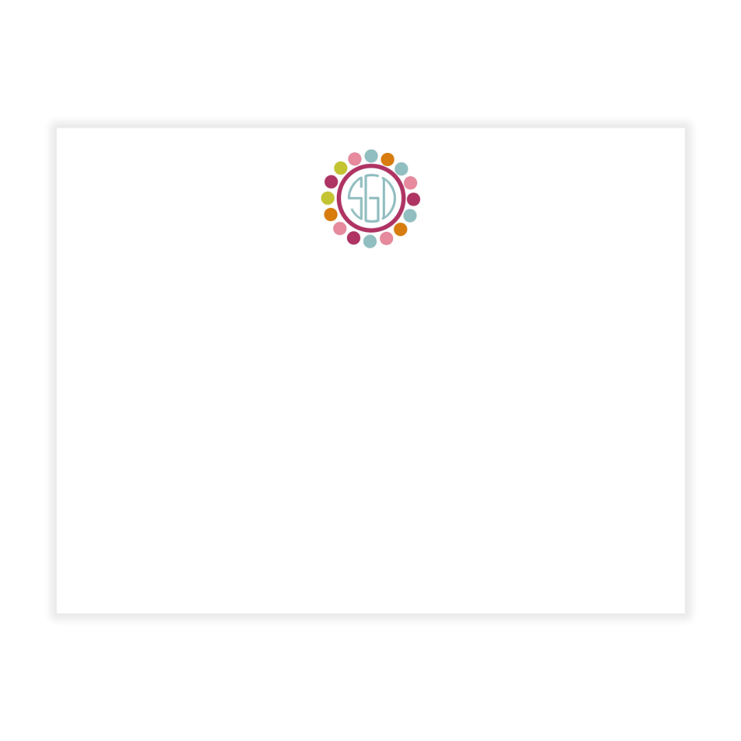 Circle Monogram + Colorful Dot Border Large Flat Note Cards