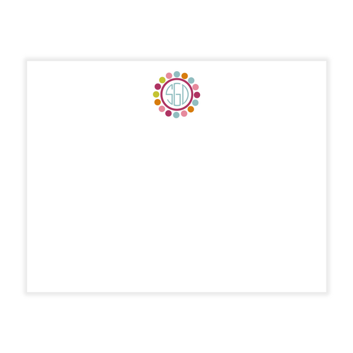Circle Monogram + Colorful Dot Border Large Flat Note Cards