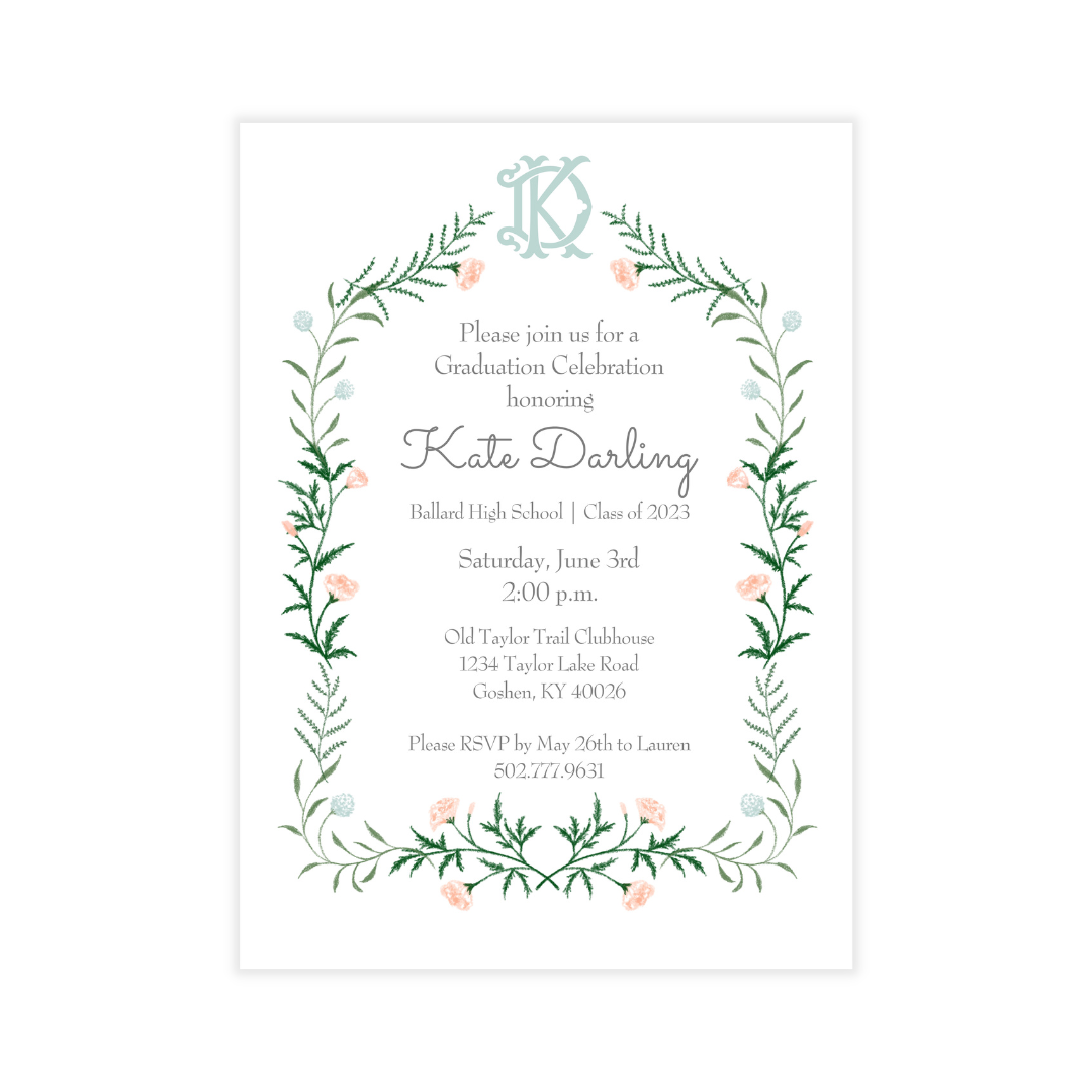 Floral Frame + Monogram + Photo Graduation Invitation