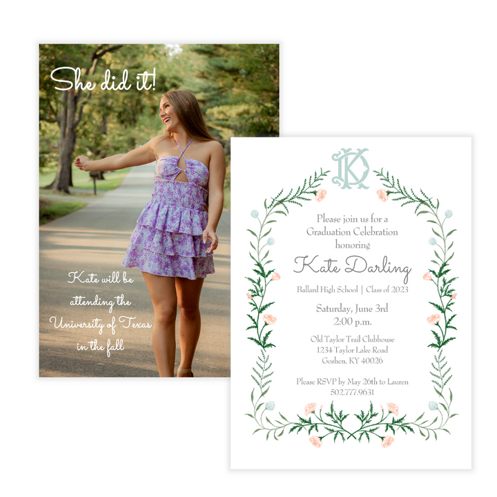 Floral Frame + Monogram + Photo Graduation Invitation