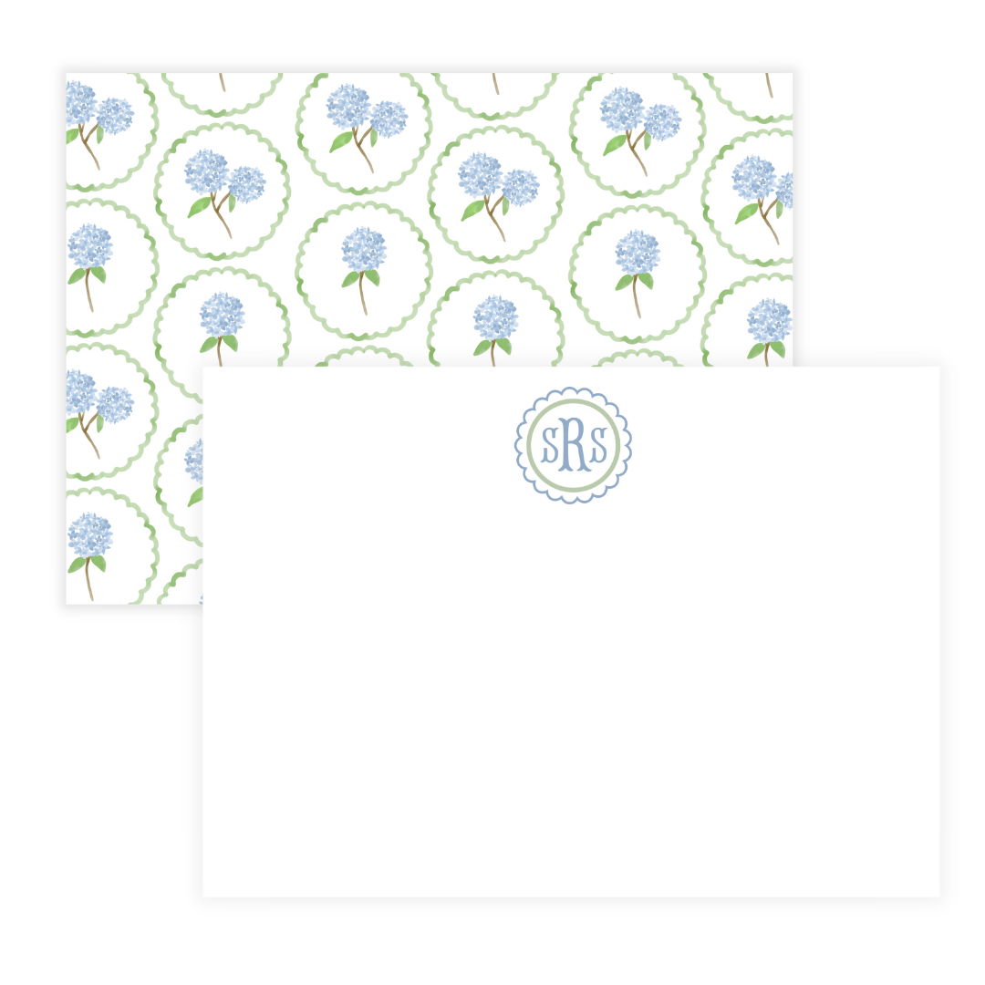 Scalloped Monogram + Hydrangea Print Large Flat Note Cards