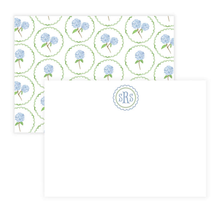 Scalloped Monogram + Hydrangea Print Large Flat Note Cards