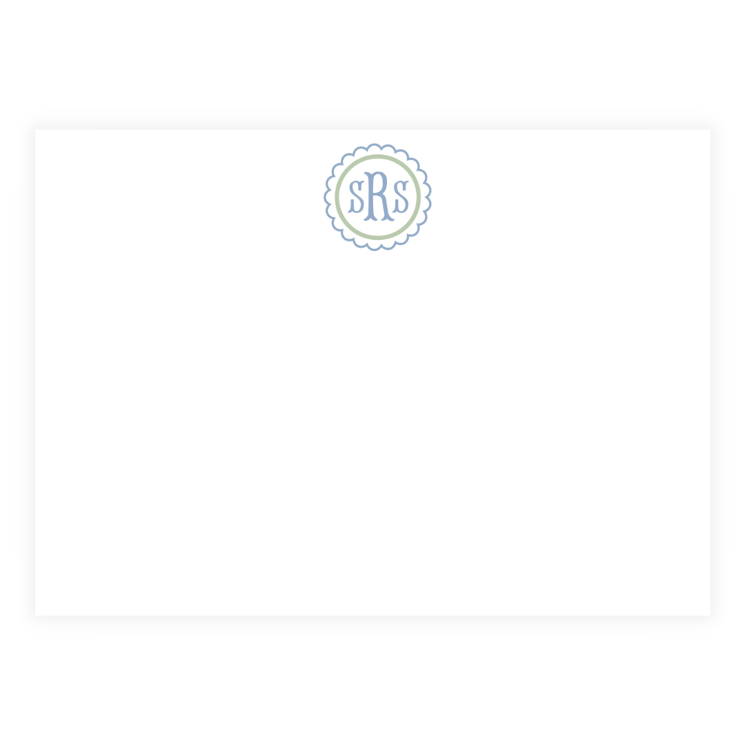 Scalloped Monogram + Hydrangea Print Large Flat Note Cards