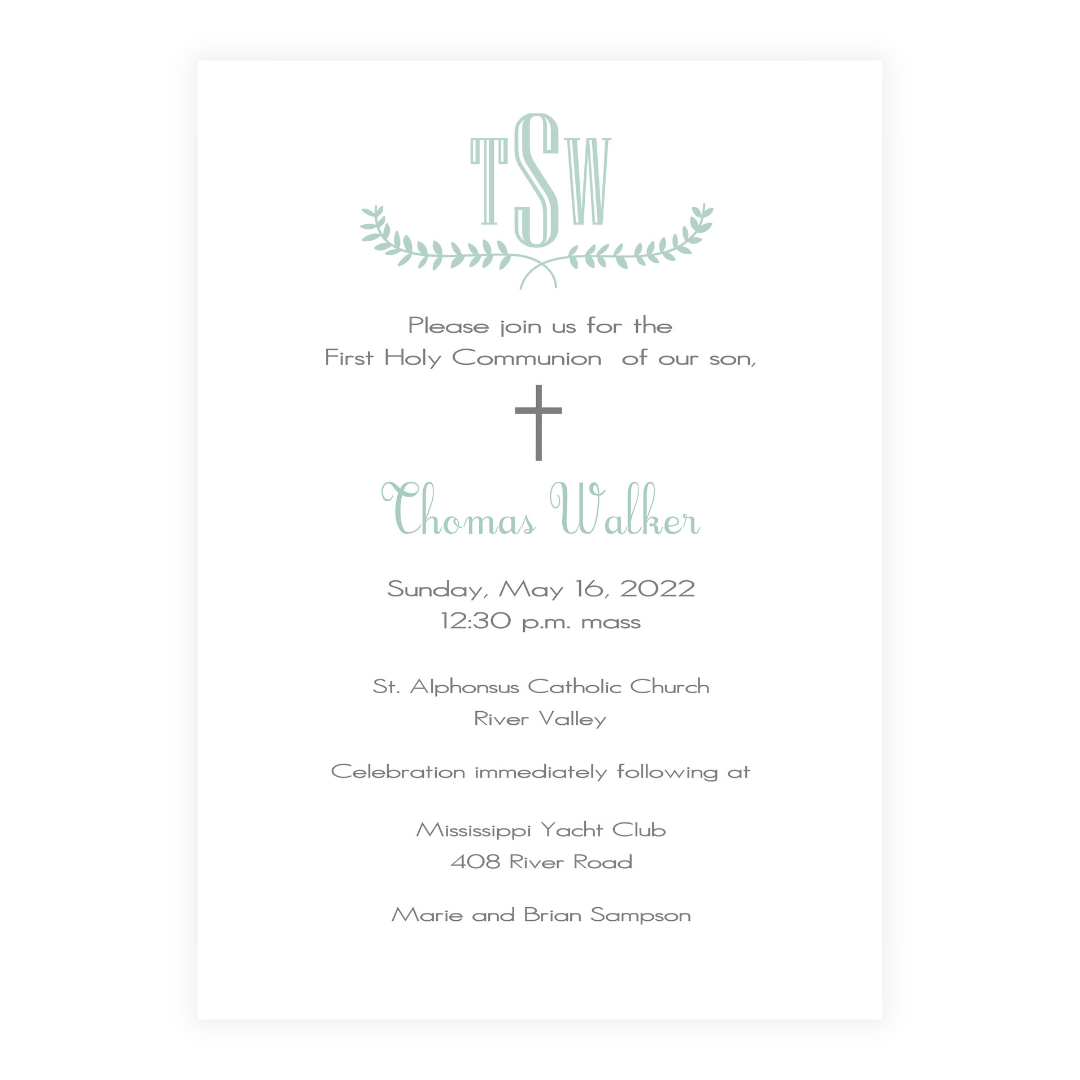 Simple Blue Monogram + Laurel Invitation